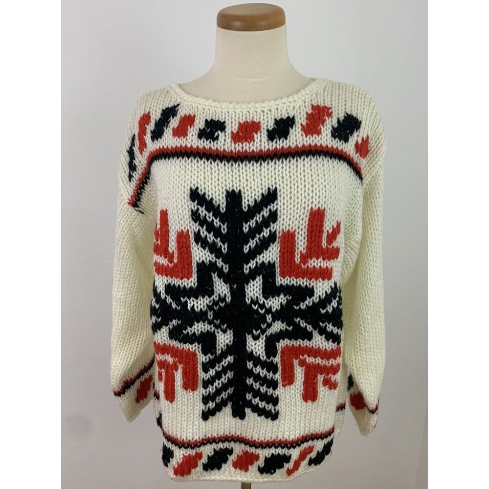 Vintage 80s Fantastic Hand Knit Acrylic Sweater Chunky Snowflake Nordic Sz M